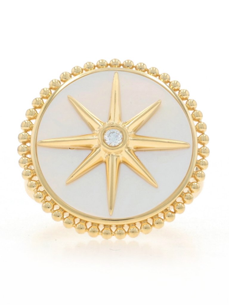 Yellow Gold Mother Of Pearl Diamond North Star Cocktail Halo Ring 18k Celestial